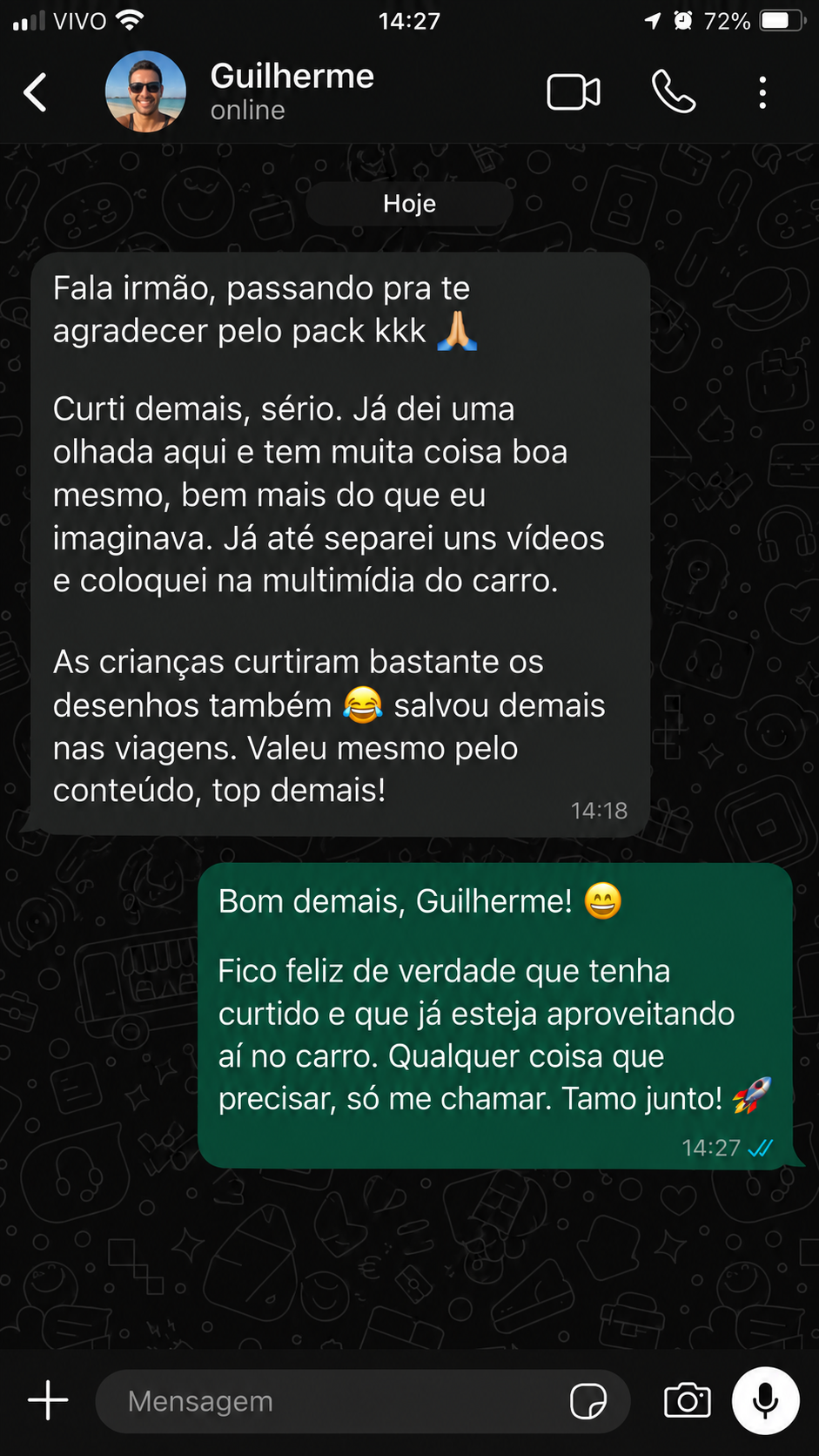 Conversa com Guilherme sobre os vídeos do pacote usados na multimídia do carro