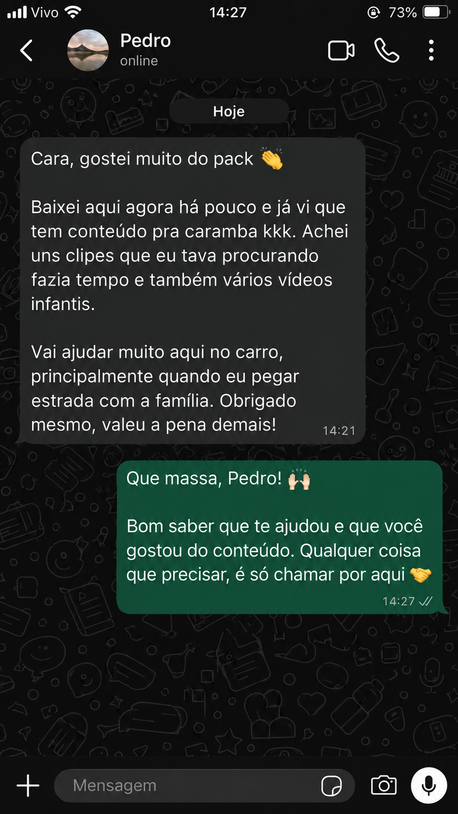 Conversa com Pedro sobre o conteúdo do pacote para usar no carro em viagens