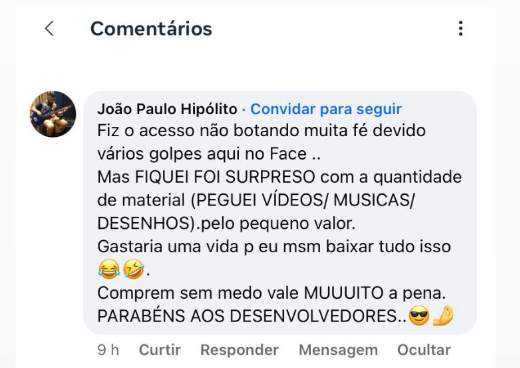 Comentário de comprador sobre o acesso ao pacote de vídeos e músicas