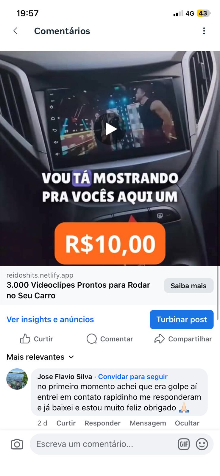 Comentário de comprador satisfeito após receber e baixar o pacote de videoclipes