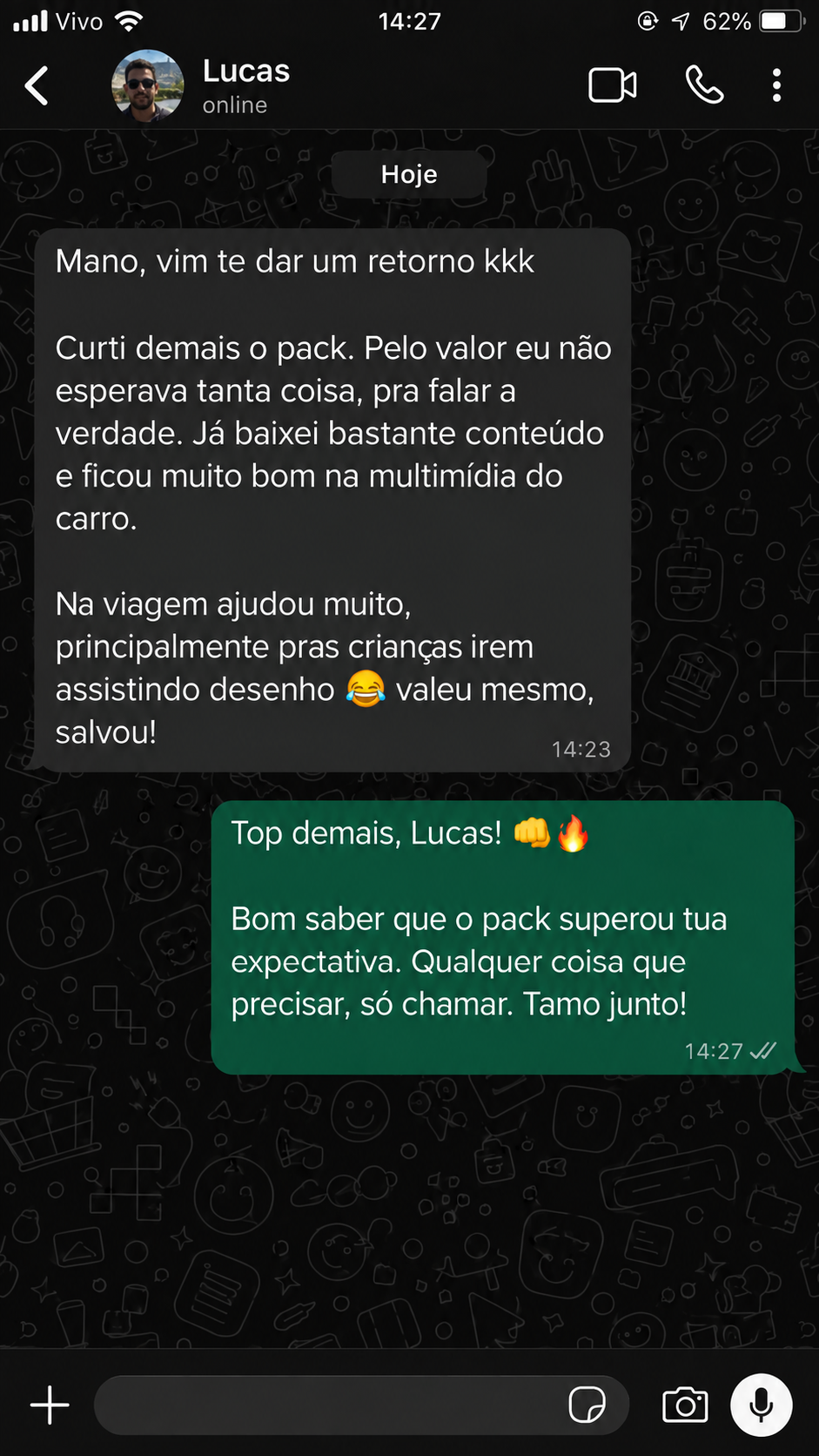 Conversa com Lucas sobre o pacote de videoclipes usado na multimídia do carro